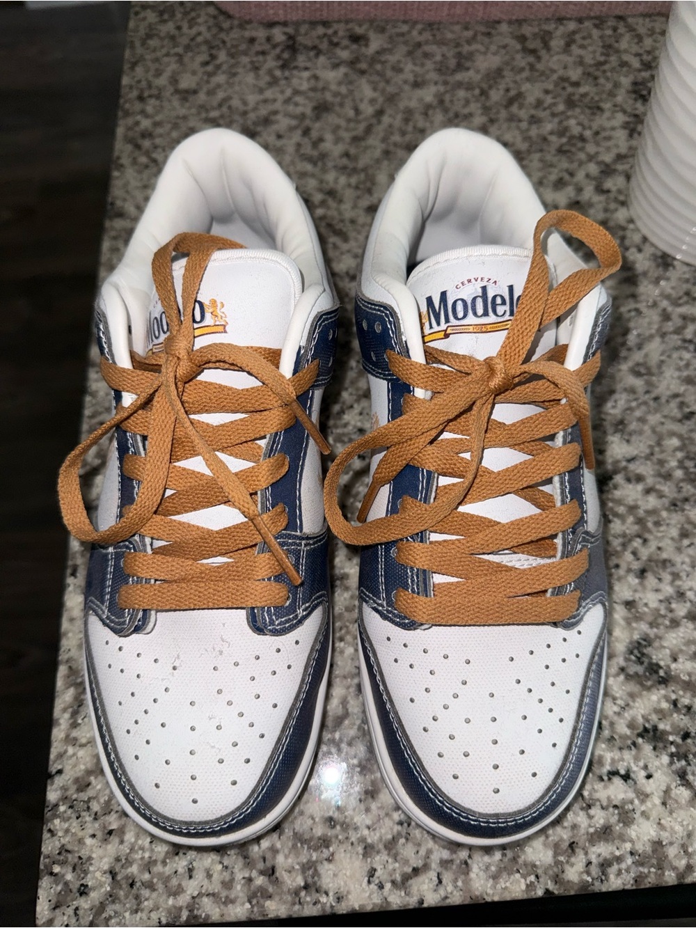 Modelo Branded White & Navy Low-Top Sneakers with Tan Laces